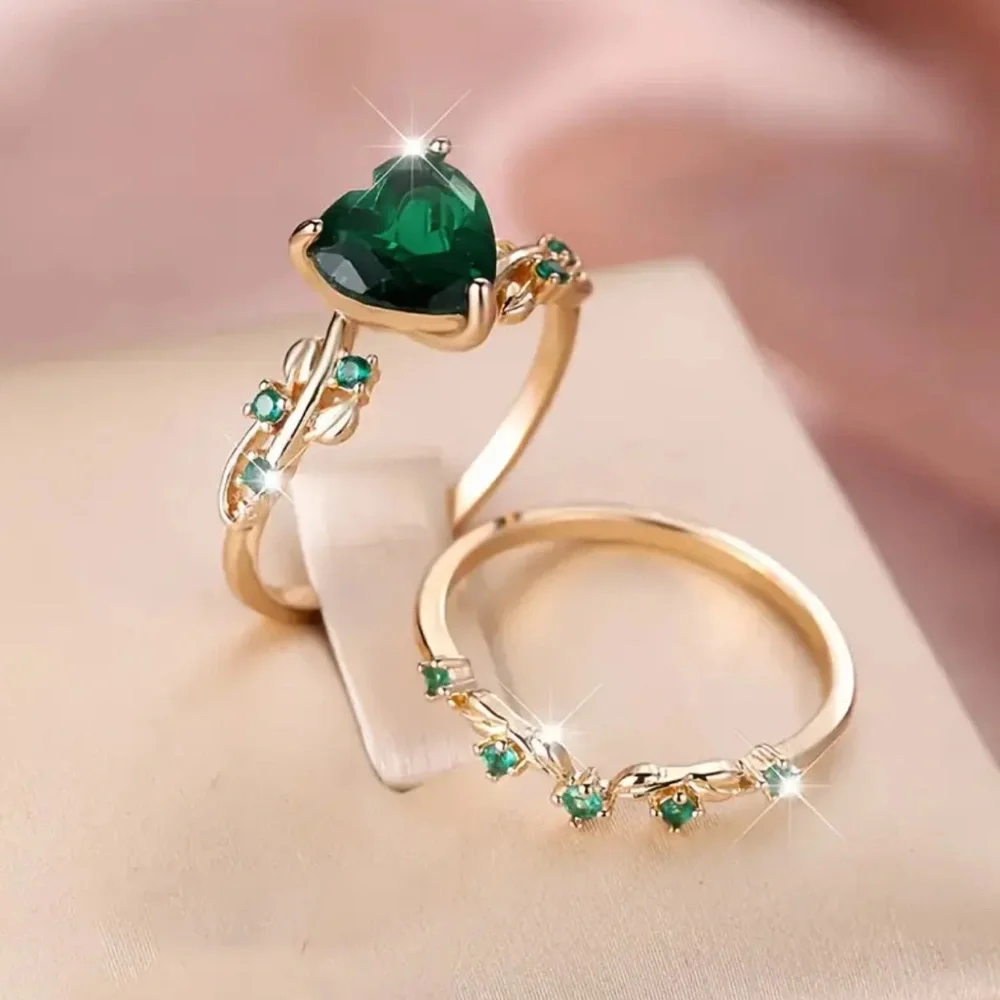Gold Colored 2pcs Ring with Green Heart-Shaped Synthetic Zirconia- NIP - Picture 5 of 7